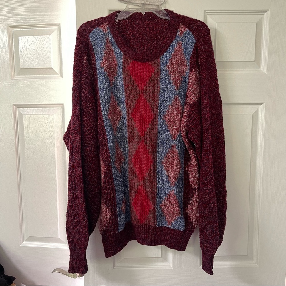 Red Triangle Argyle Knit Knitted Cowl Neck Pullover Sweater